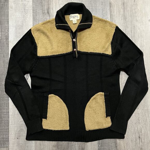 Alexxus Exclusive Sweaters - VTG Alexxus 80s Two Tone Black/Tan Virgin Acrylic Knit Pull Over Pocket Sweater